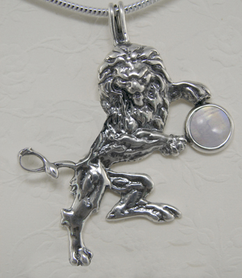 Sterling Silver Royal Rampant Lion Pendant With Rainbow Moonstone